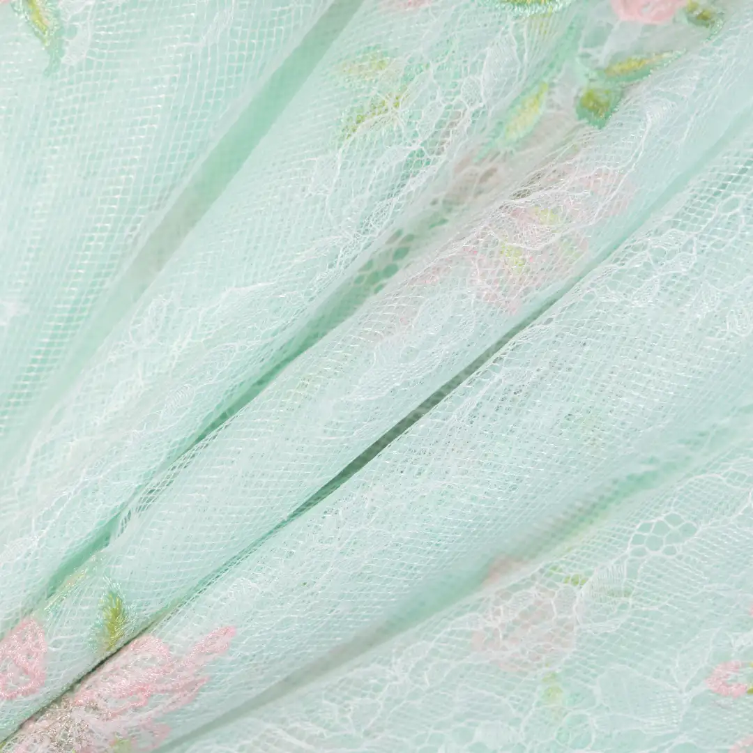 China Fabric for Kids Ruffle Straps Dress,High Waisted Bubble Mini Skirt,Bow Tie Short Sleeve Dress,Tank Midi Dress,Flare Midi Skirt Schiffli Synthetic Woven Fabric Nylon green color buy from China wholesaler bulk order at wholesale price free worldwide shipping Alibaba