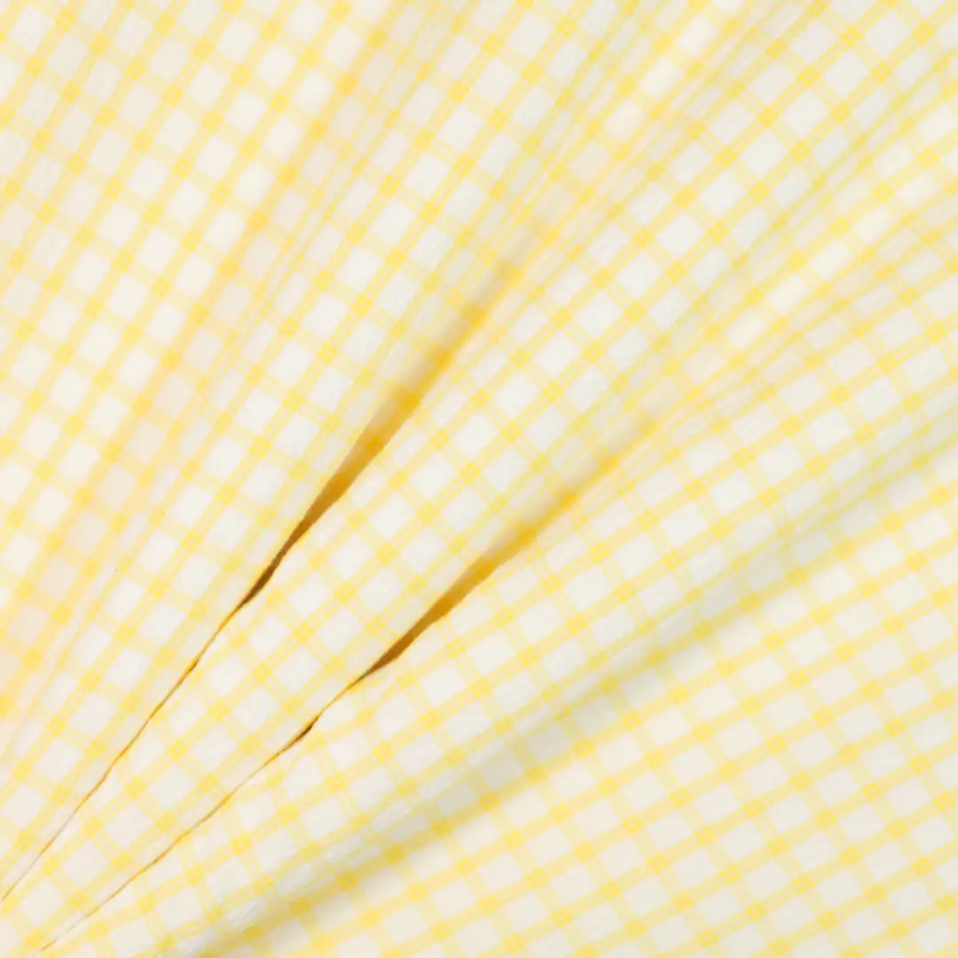 China Fabric for Shirt,French Ruffle Collar Shirt,V-Neck Short Sleeve Shirt V Yarn Dyed Check Woven Blended Fabric Polyester Cotton Spandex yellow color buy from China wholesaler bulk order at wholesale price free worldwide shipping Alibaba