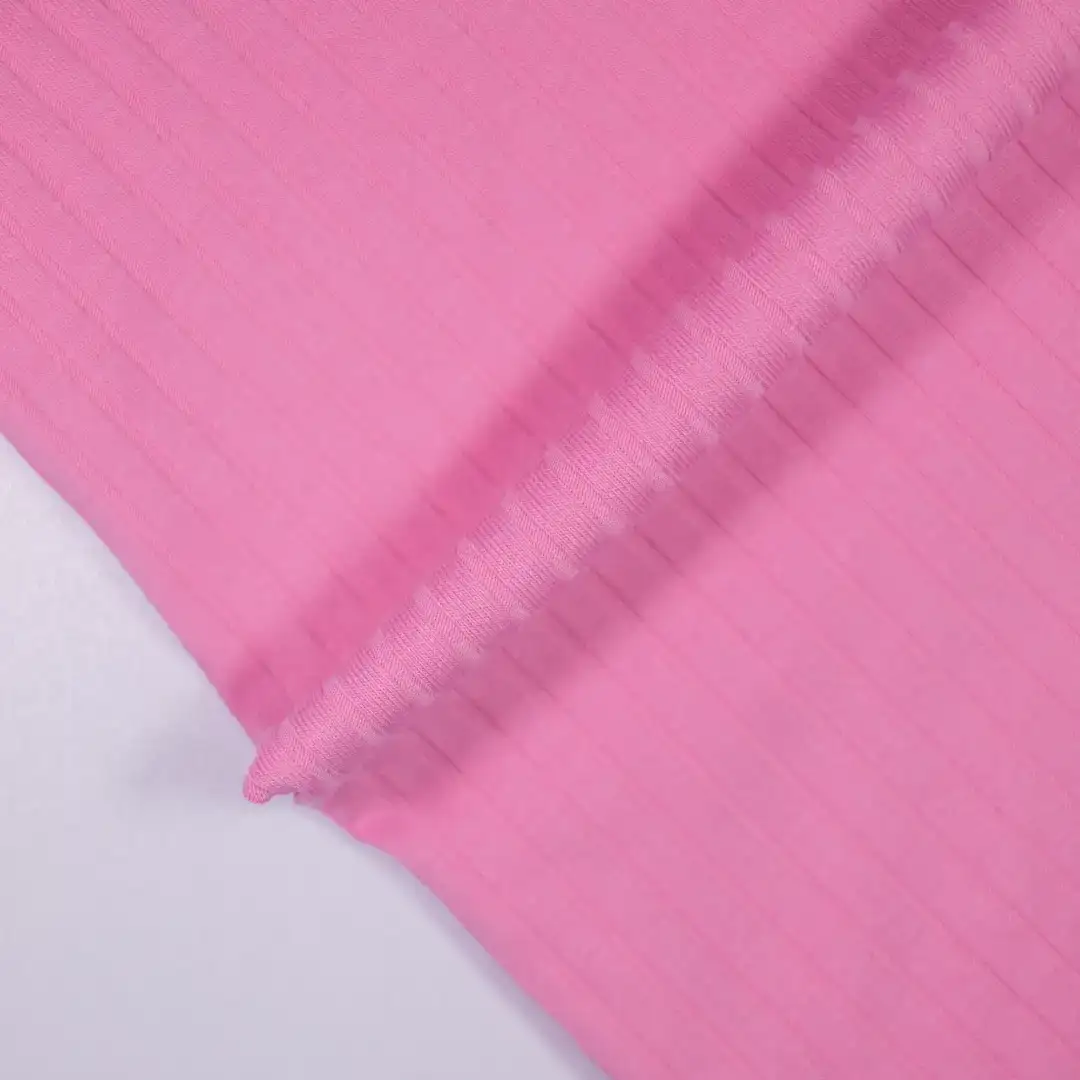 China Fabric for T-Shirt,Jogger,Ruffle Shirt Dress,Strap Midi Dress,Ladies V-Neck Waist-Tie Vest Rib Knit Fabric Cotton Polyester Elastane PINK color buy from China wholesaler bulk order at wholesale price free worldwide shipping Alibaba