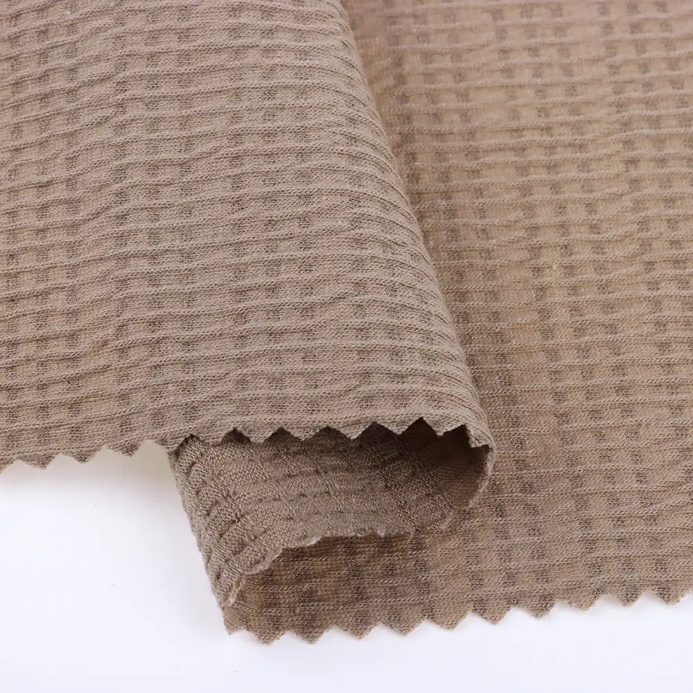 China Fabric for T-Shirt Weft Jacquard Knit Fabric Polyester Cotton Elastane light coffee color color buy from China wholesaler bulk order at wholesale price free worldwide shipping Alibaba