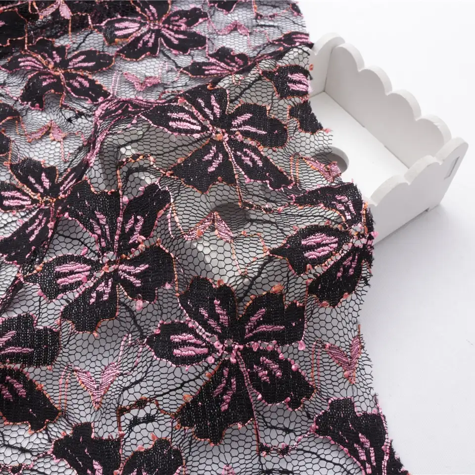 China Fabric for Skirt Lace Knit Fabric Nylon Poly Spandex black pink color buy from China wholesaler bulk order at wholesale price free worldwide shipping Alibaba