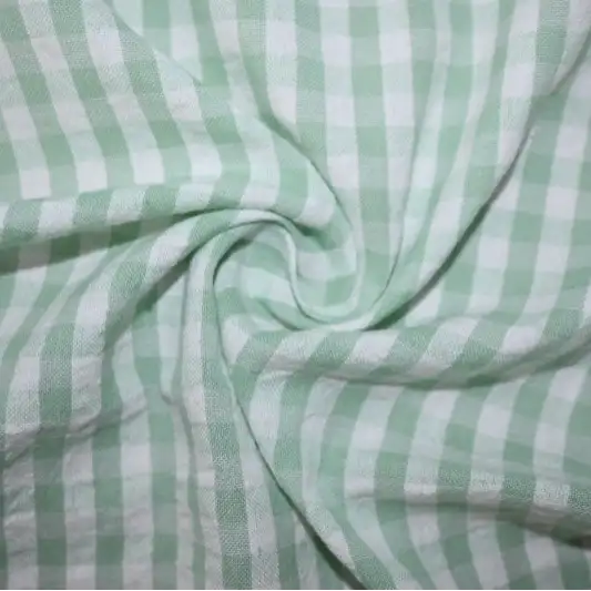 India Fabric for Shirt Cotton Seersucker Natural Woven Fabric Cotton Green/White Check color buy from India wholesaler bulk order at wholesale price free worldwide shipping Alibaba