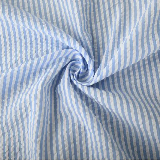 India Fabric for Shirt Cotton Seersucker Natural Woven Fabric Cotton Blue White Stripe color buy from India wholesaler bulk order at wholesale price free worldwide shipping Alibaba