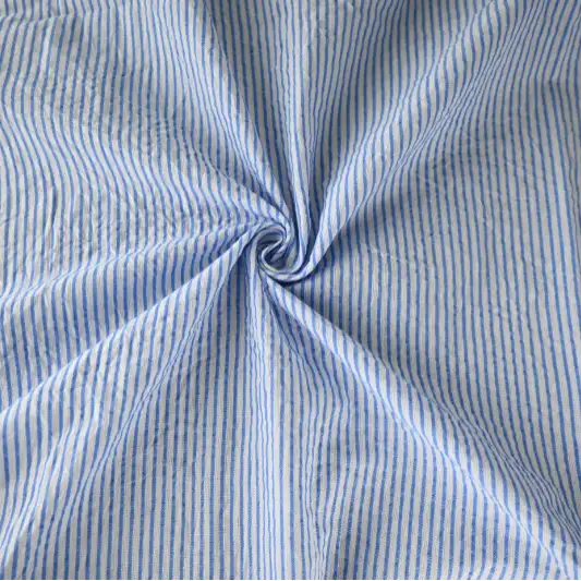 India Fabric for Shirt Cotton Seersucker Natural Woven Fabric Cotton White/Blue Stripe color buy from India wholesaler bulk order at wholesale price free worldwide shipping Alibaba