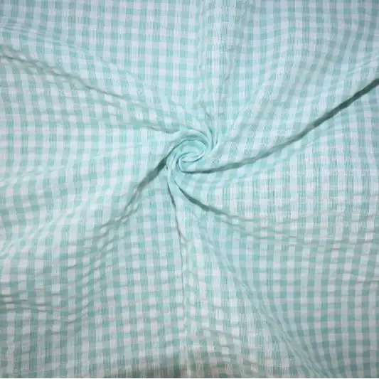 India Fabric for Shirt Cotton Seersucker Natural Woven Fabric Cotton See Green/White Check color buy from India wholesaler bulk order at wholesale price free worldwide shipping Alibaba