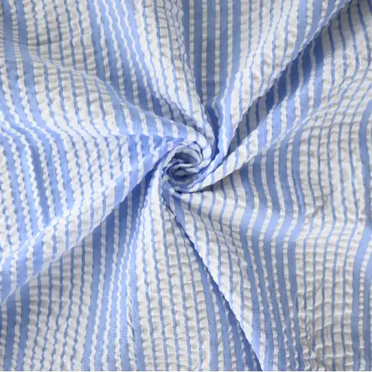 India Fabric for Pajamas Cotton Seersucker Natural Woven Fabric Cotton Blue/White Stripe color buy from India wholesaler bulk order at wholesale price free worldwide shipping Alibaba